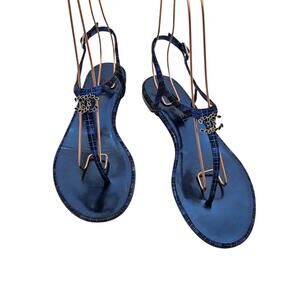Chanel CC Flat Thong T Strap Sandal Blue Leather Black Silver Size 40 C US 9 9.5